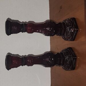 Avon Pair of Deep Ruby Red Pressed Glass Candlestick Holders